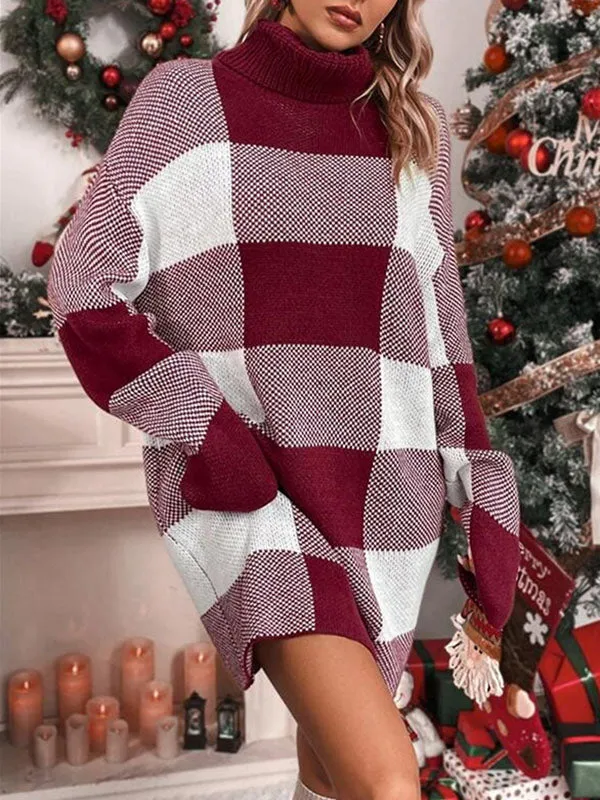 Long Sleeves Loose Contrast Color Plaid High Neck Mini Dresses Sweater Dresses