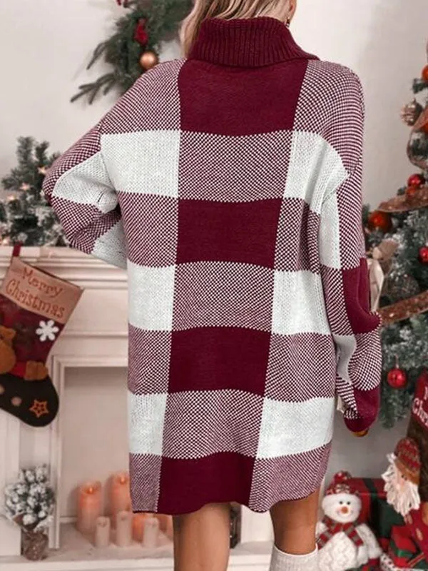 Long Sleeves Loose Contrast Color Plaid High Neck Mini Dresses Sweater Dresses