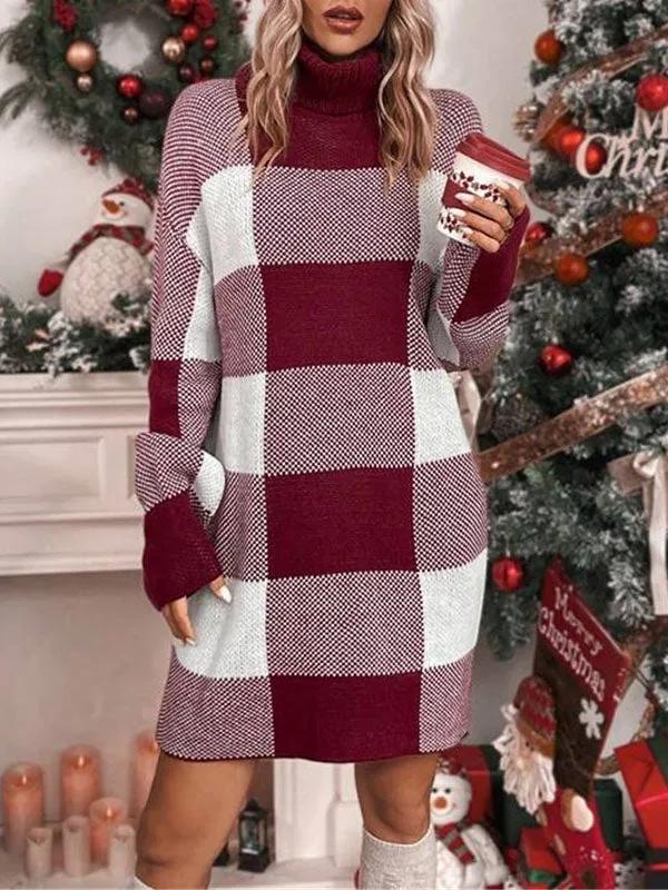 Long Sleeves Loose Contrast Color Plaid High Neck Mini Dresses Sweater Dresses