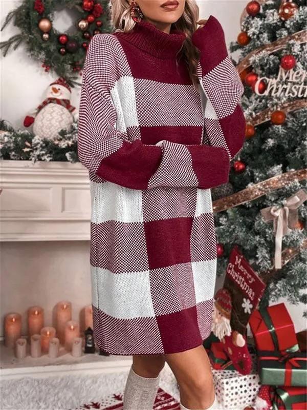 Long Sleeves Loose Contrast Color Plaid High Neck Mini Dresses Sweater Dresses