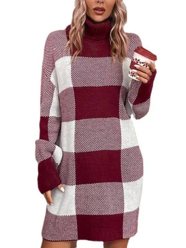 Long Sleeves Loose Contrast Color Plaid High Neck Mini Dresses Sweater Dresses