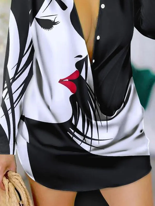 Long Sleeves Loose Figure Printed Lapel Mini Dresses Shirt Dress