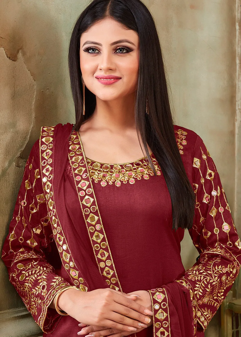 Maroon Art Silk Mirror Work Patiala Suit