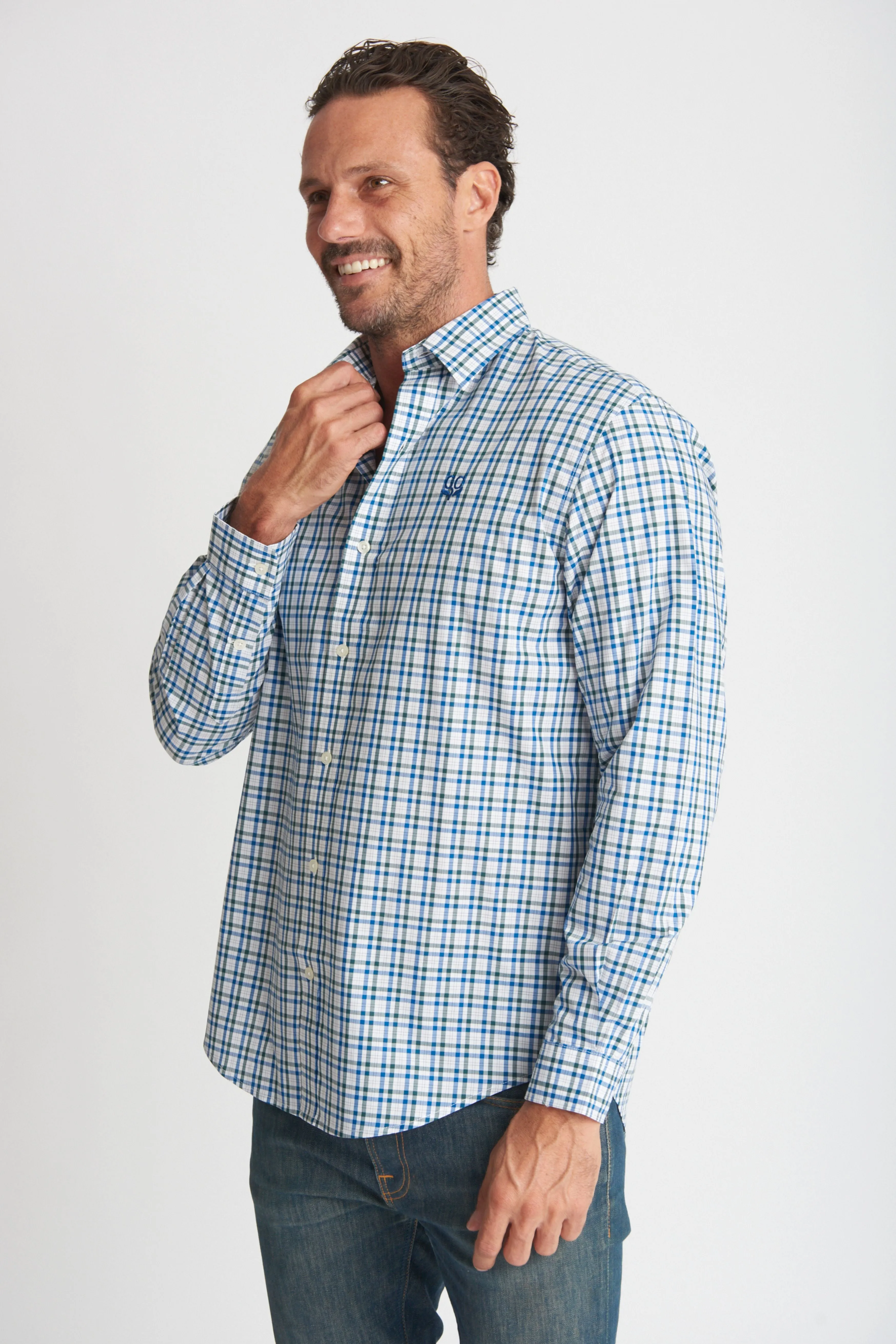 Mens Cotton Check Shirt Khaki/Blue Check