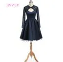 Navy Blue 2019 Homecoming Dresses A-line Long Sleeves Open Back Satin Lace Beaded Sexy Cocktail Dresses