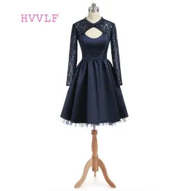 Navy Blue 2019 Homecoming Dresses A-line Long Sleeves Open Back Satin Lace Beaded Sexy Cocktail Dresses