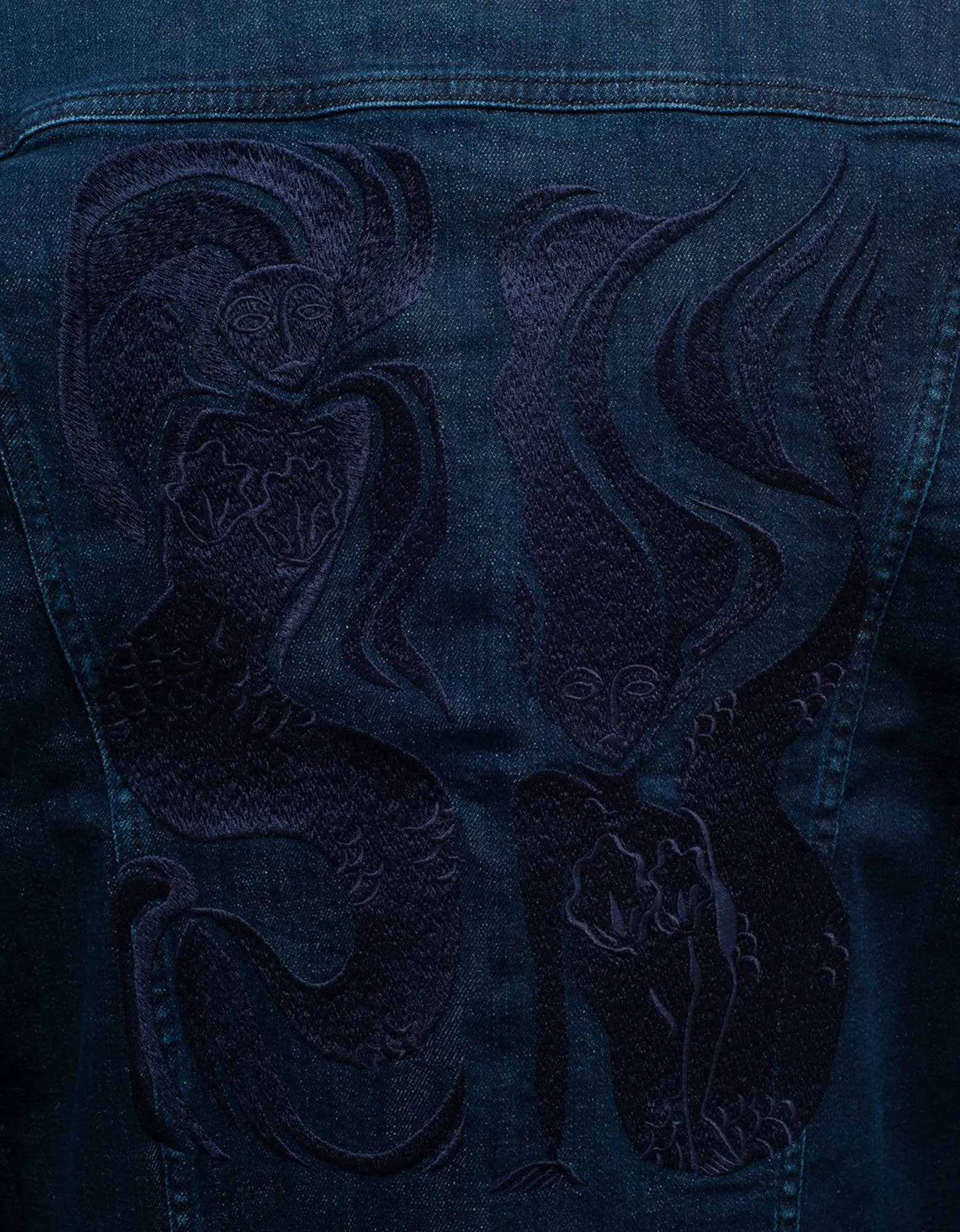 Navy Blue Mermaids Embroidery Denim Jacket