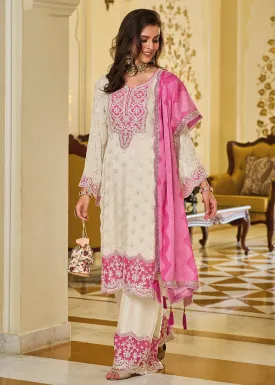 Off White & Pink Palazzo Style Chinnon Salwar Suit