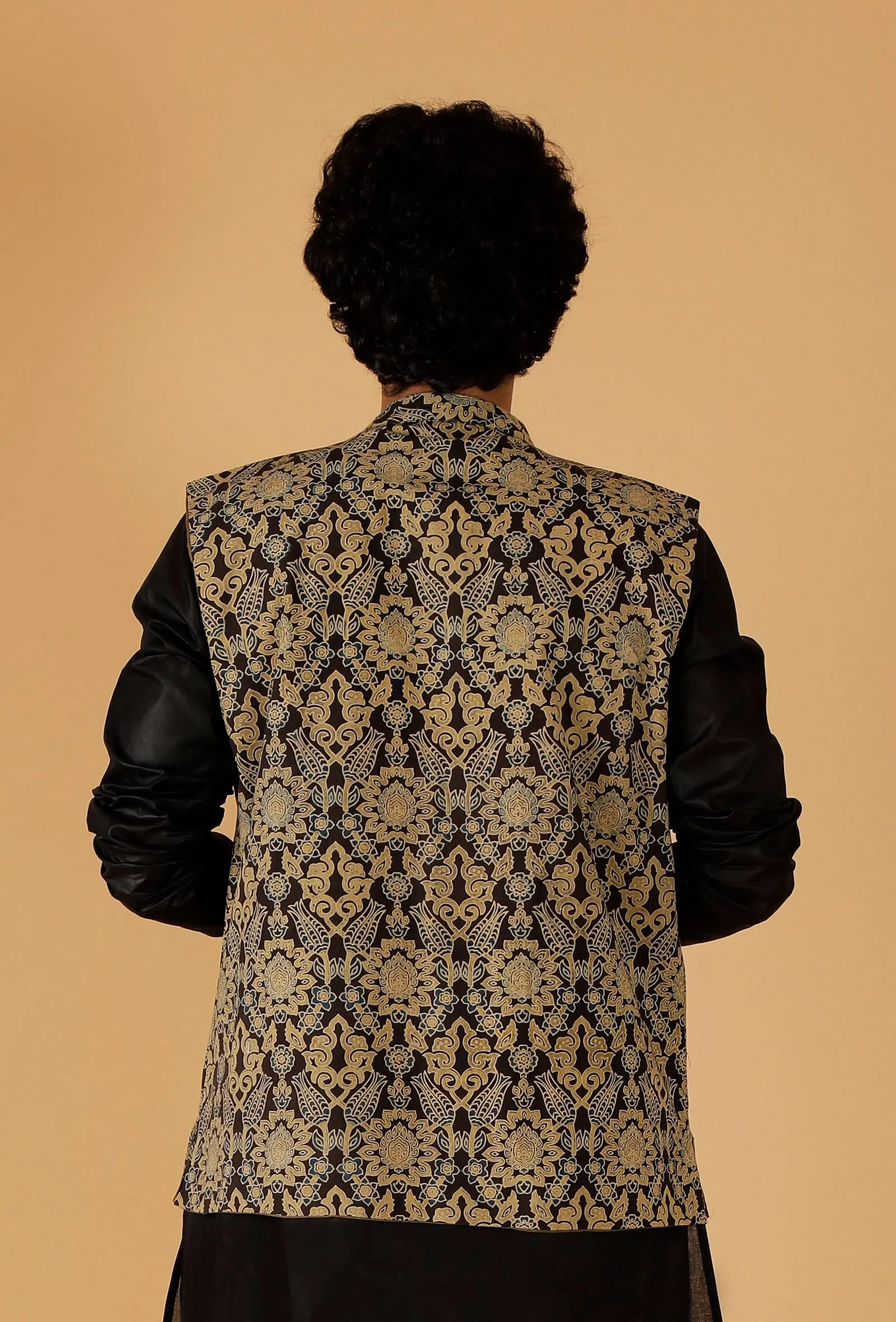 Olive Green Ajrakh Print Cotton Sleeveless Nehru Jacket