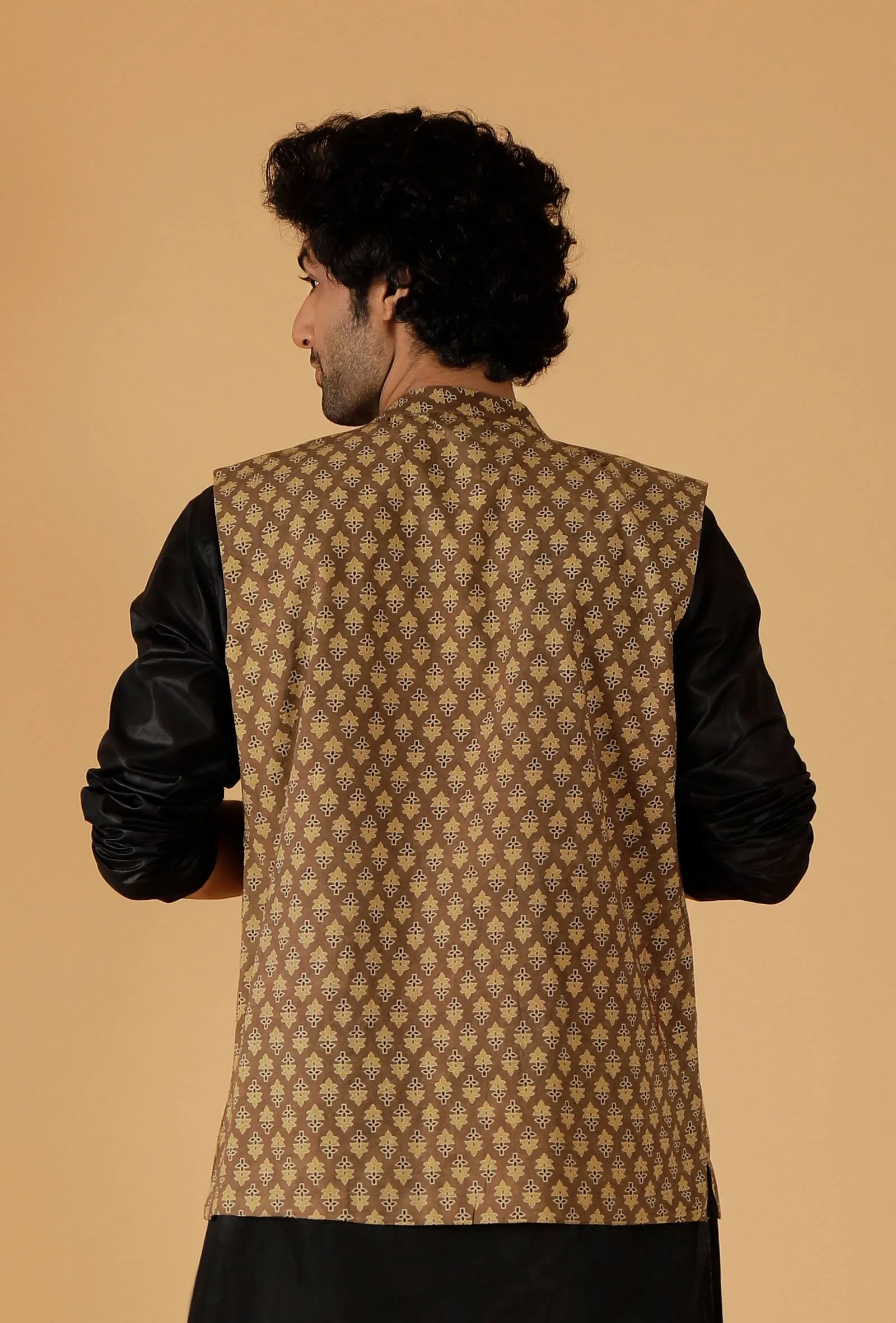 Olive Green Ajrakh Print Cotton Sleeveless Over Lapped Nehru Jacket