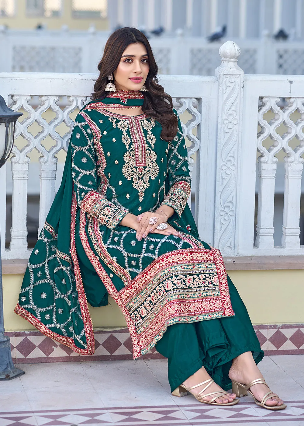 Palazzo Style Teal Green Chinnon Embroidered Salwar Suit