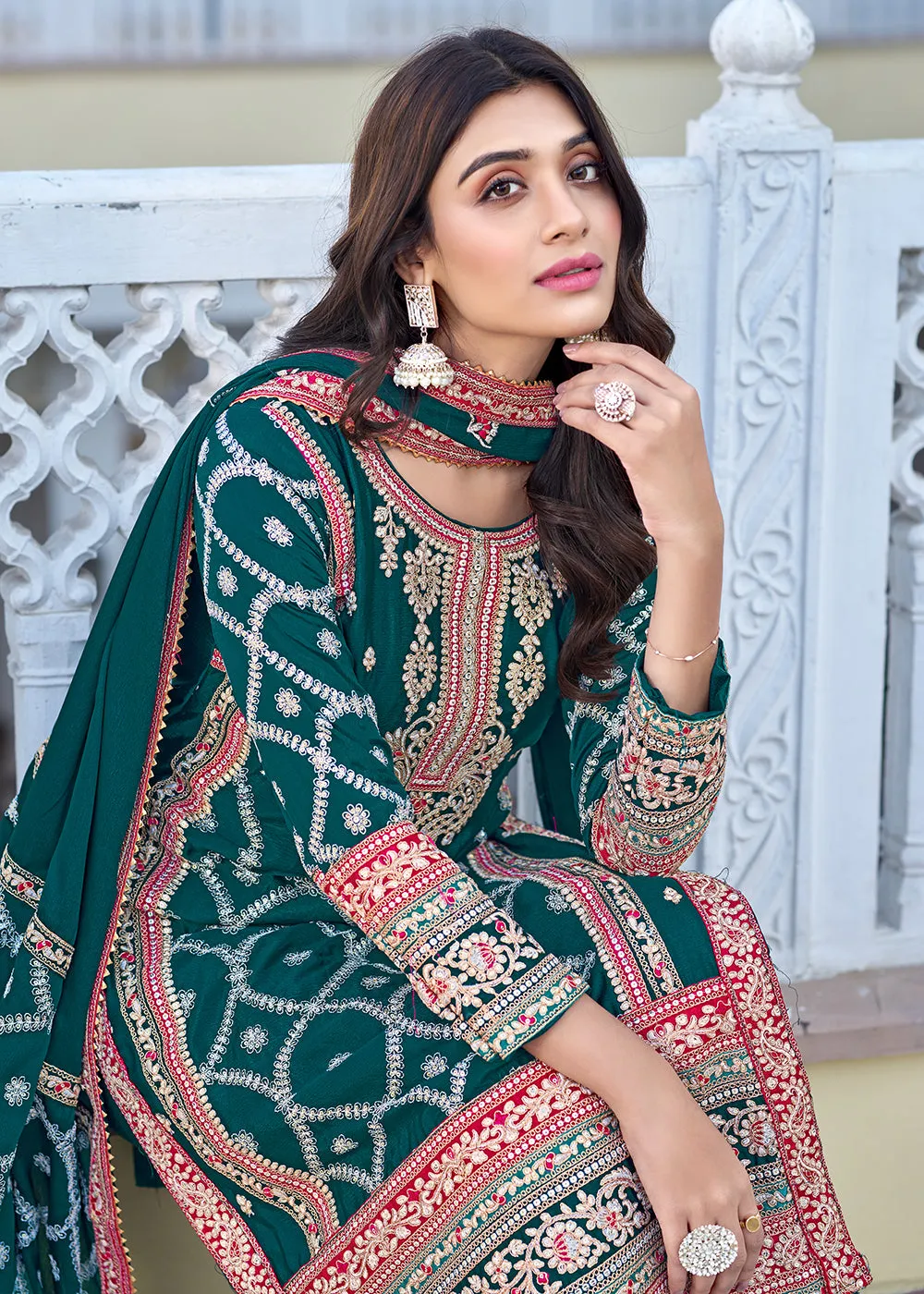 Palazzo Style Teal Green Chinnon Embroidered Salwar Suit