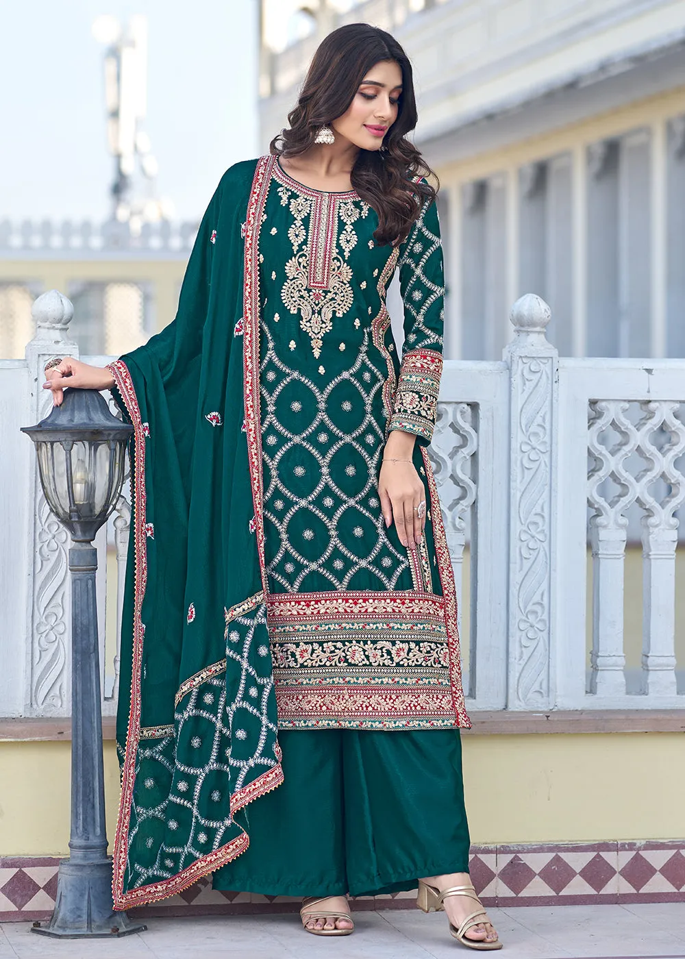 Palazzo Style Teal Green Chinnon Embroidered Salwar Suit