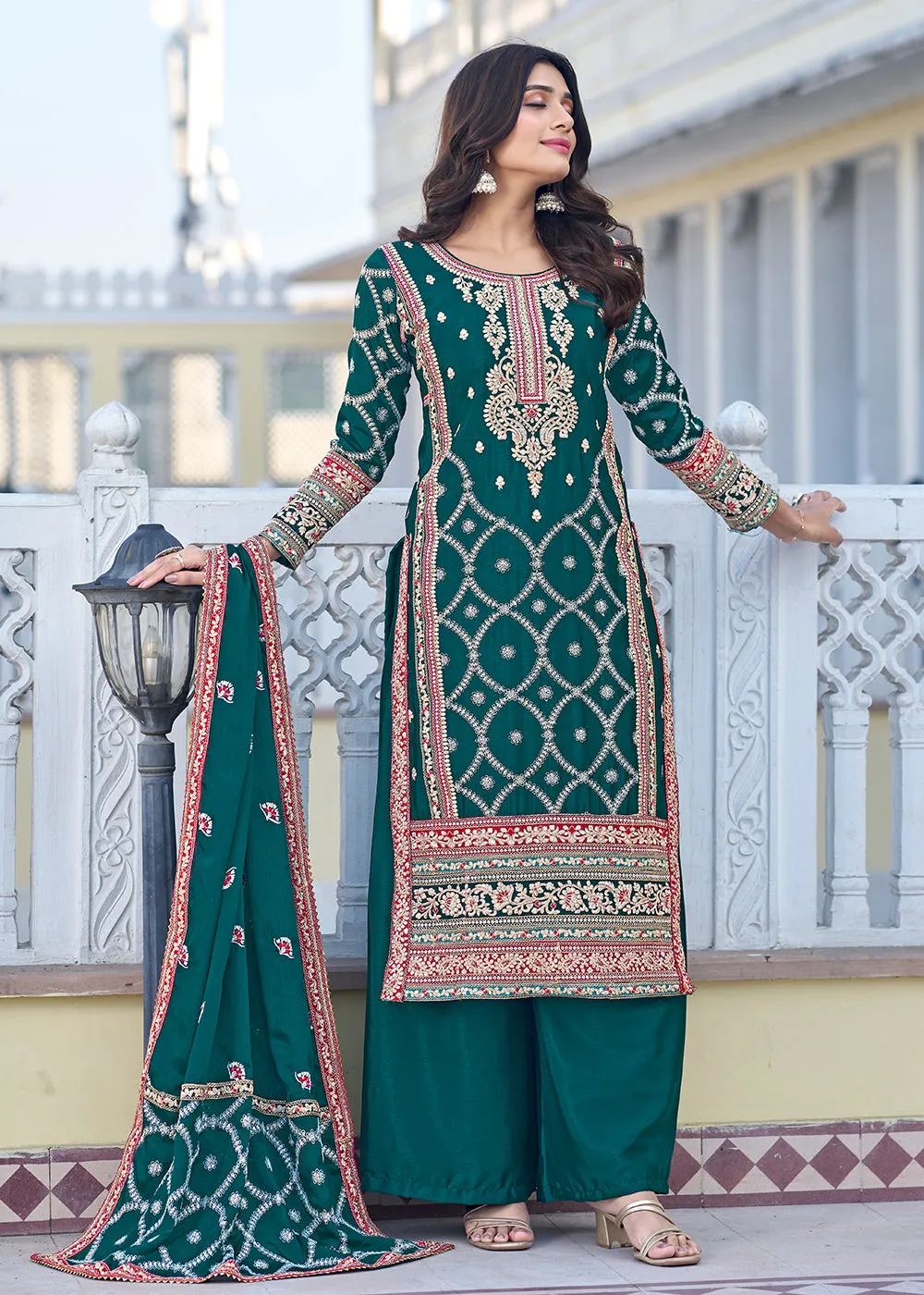 Palazzo Style Teal Green Chinnon Embroidered Salwar Suit