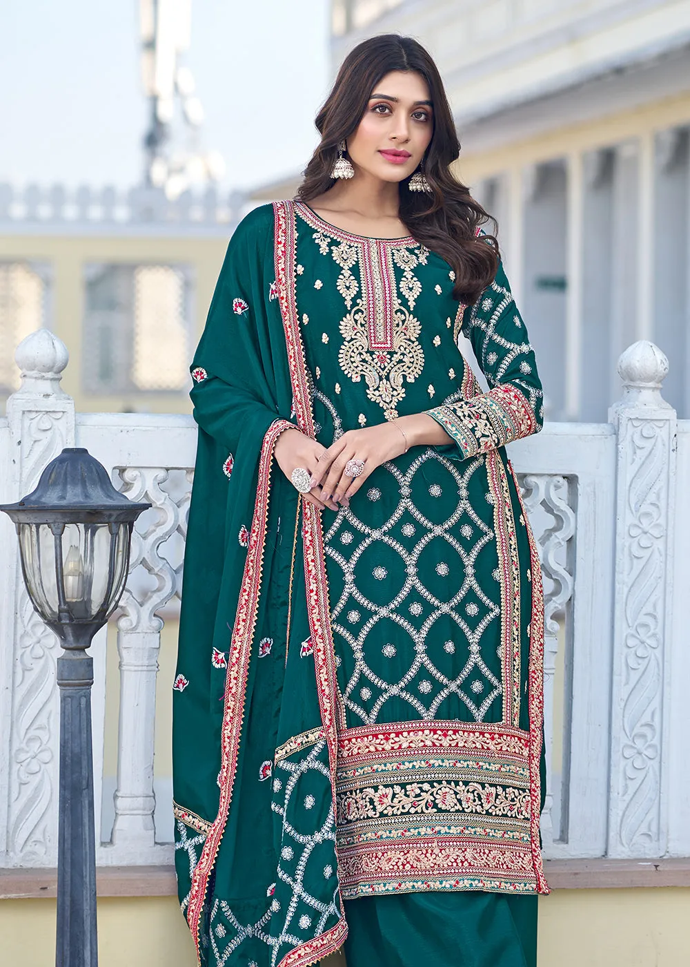 Palazzo Style Teal Green Chinnon Embroidered Salwar Suit