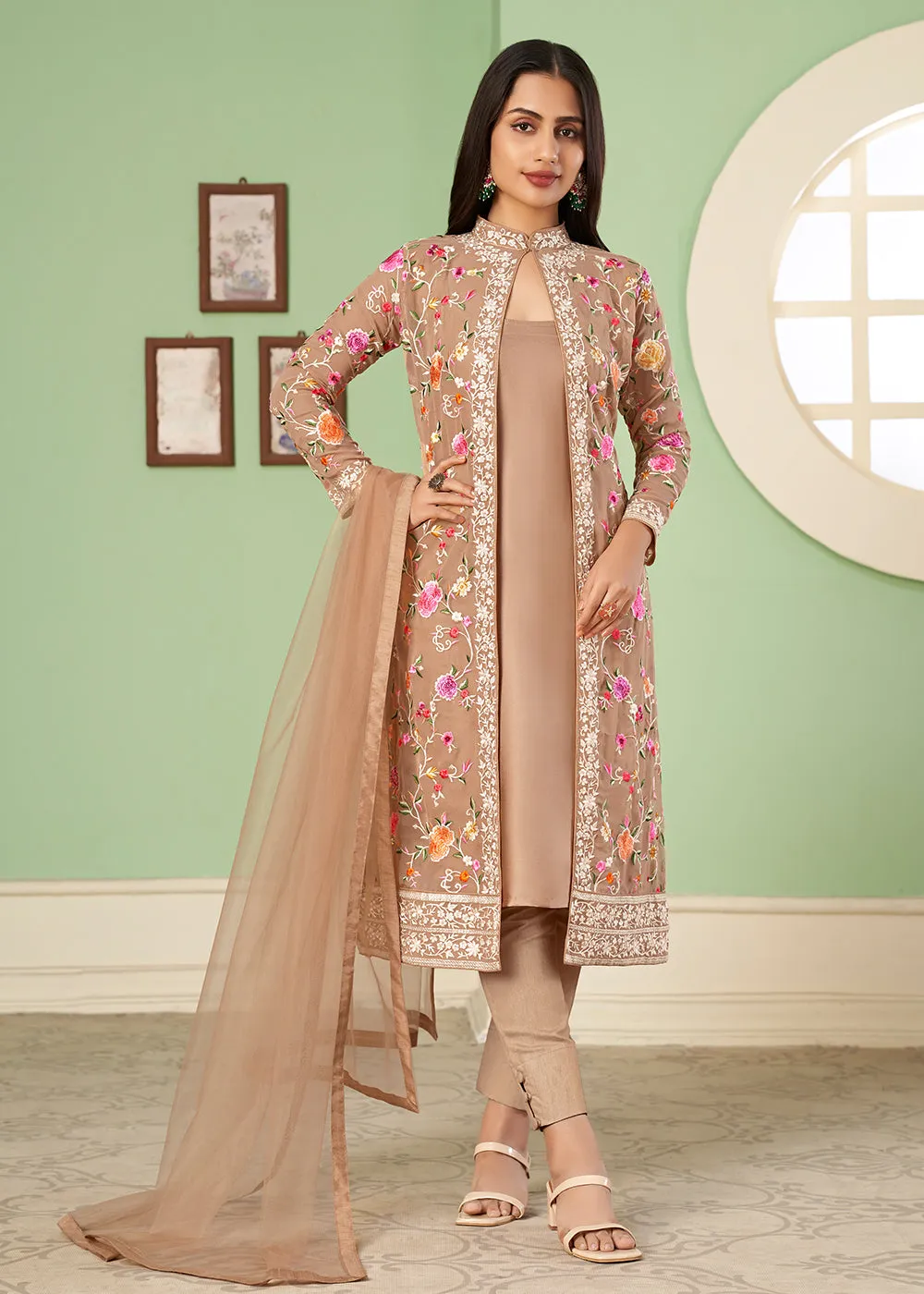 Pant Style Charismatic Light Brown Party Wear Jacket Style Salwar Suit