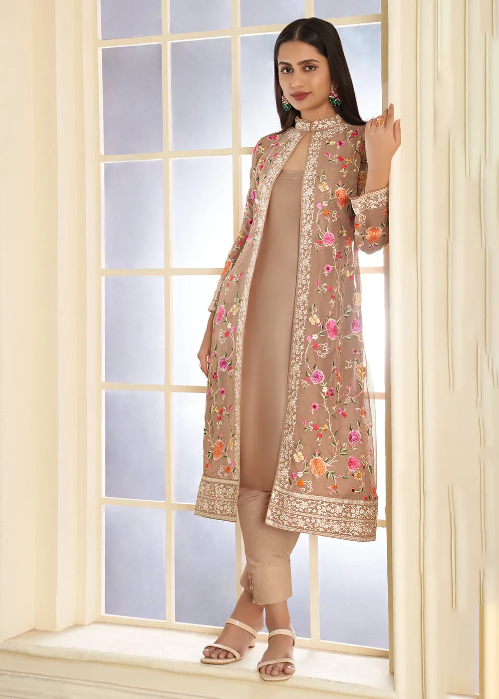 Pant Style Charismatic Light Brown Party Wear Jacket Style Salwar Suit