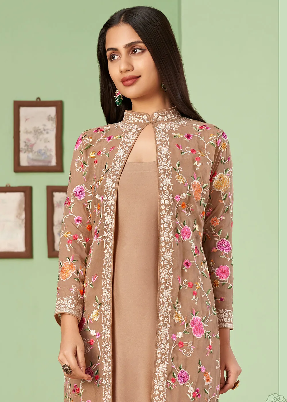 Pant Style Charismatic Light Brown Party Wear Jacket Style Salwar Suit