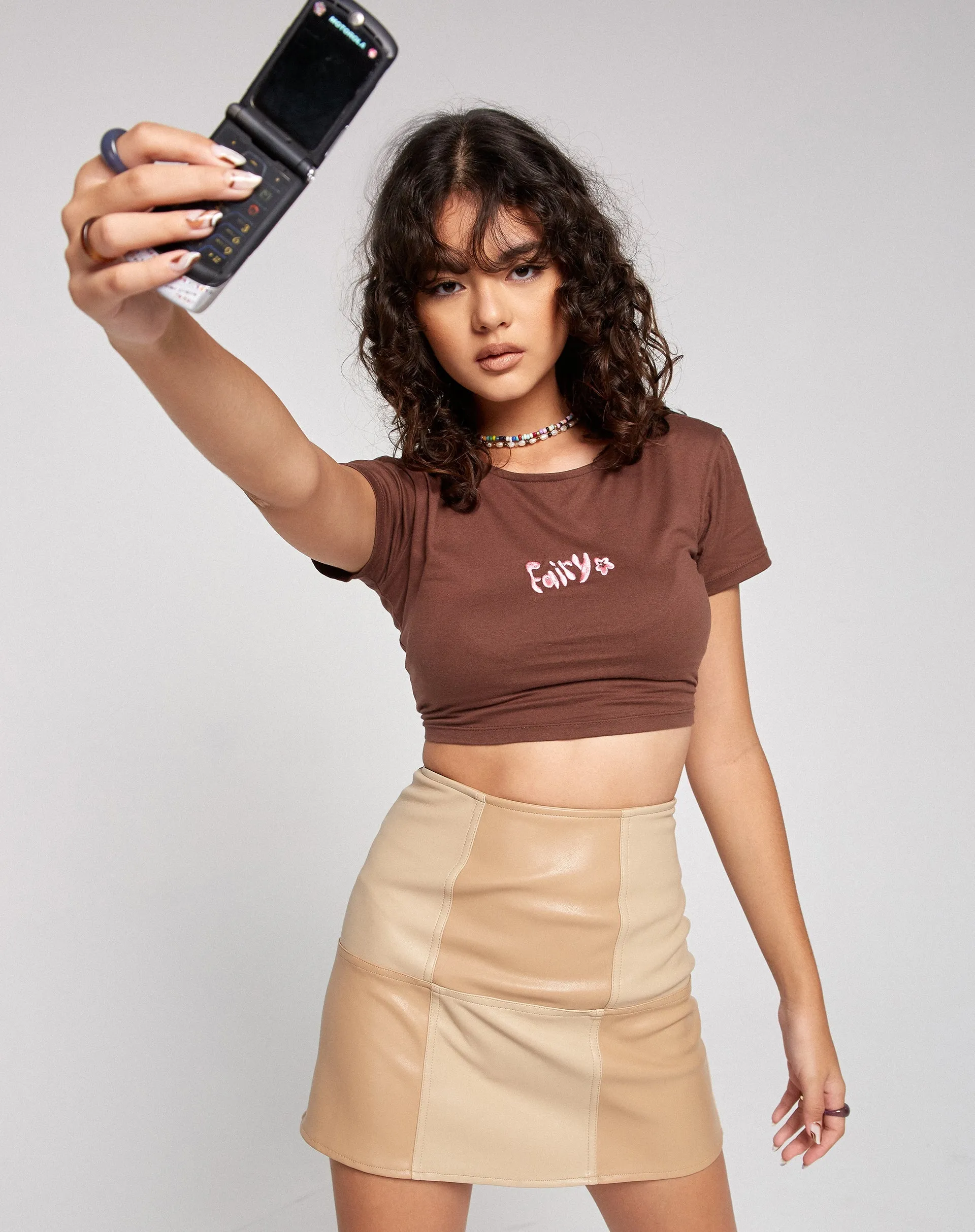 Peillo Mini Skirt in PU Tan Cream