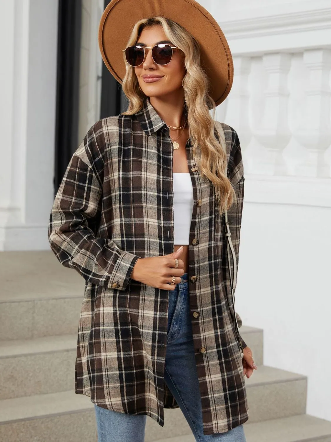 Plaid Collared Neck Long Sleeve Shirt