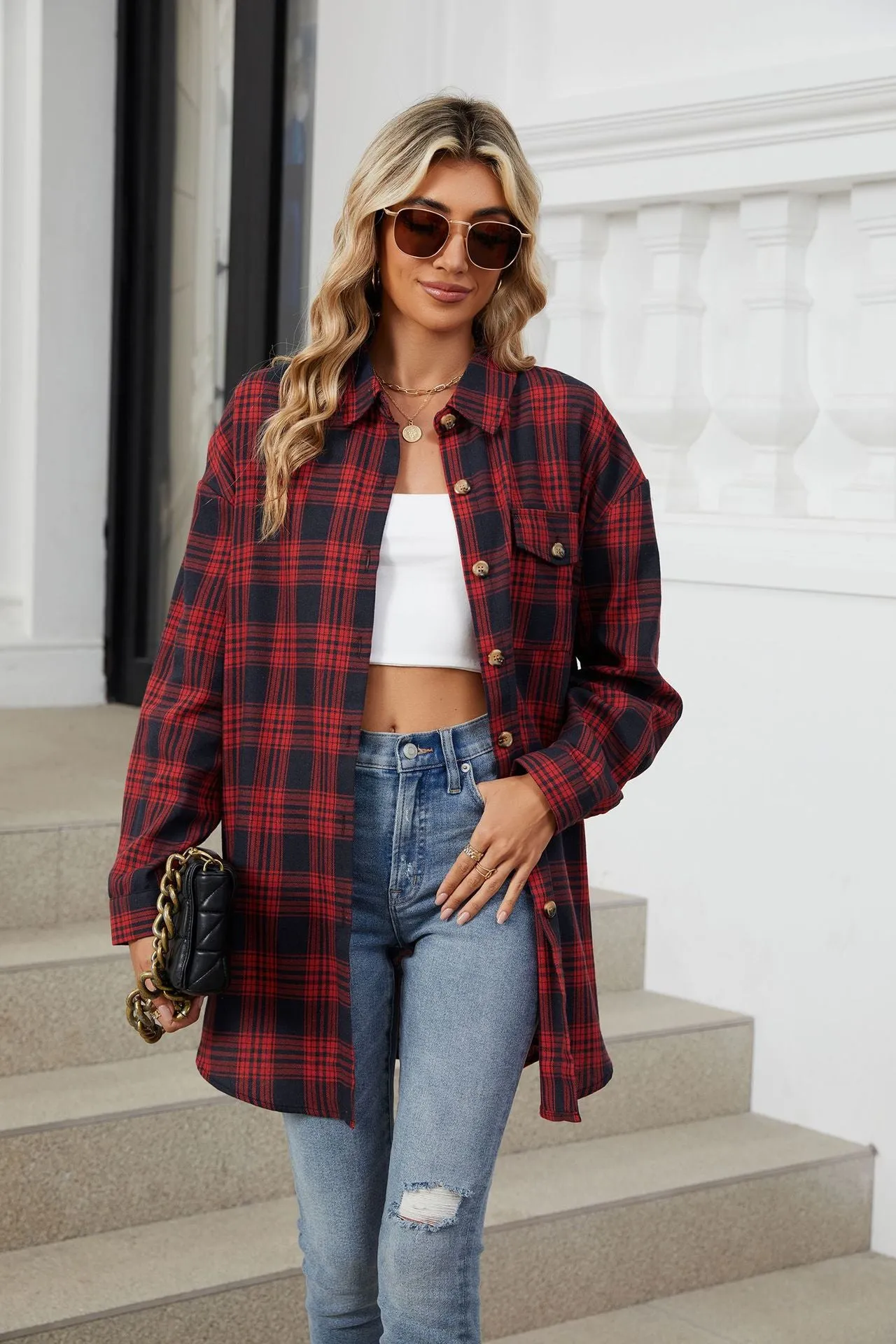 Plaid Collared Neck Long Sleeve Shirt