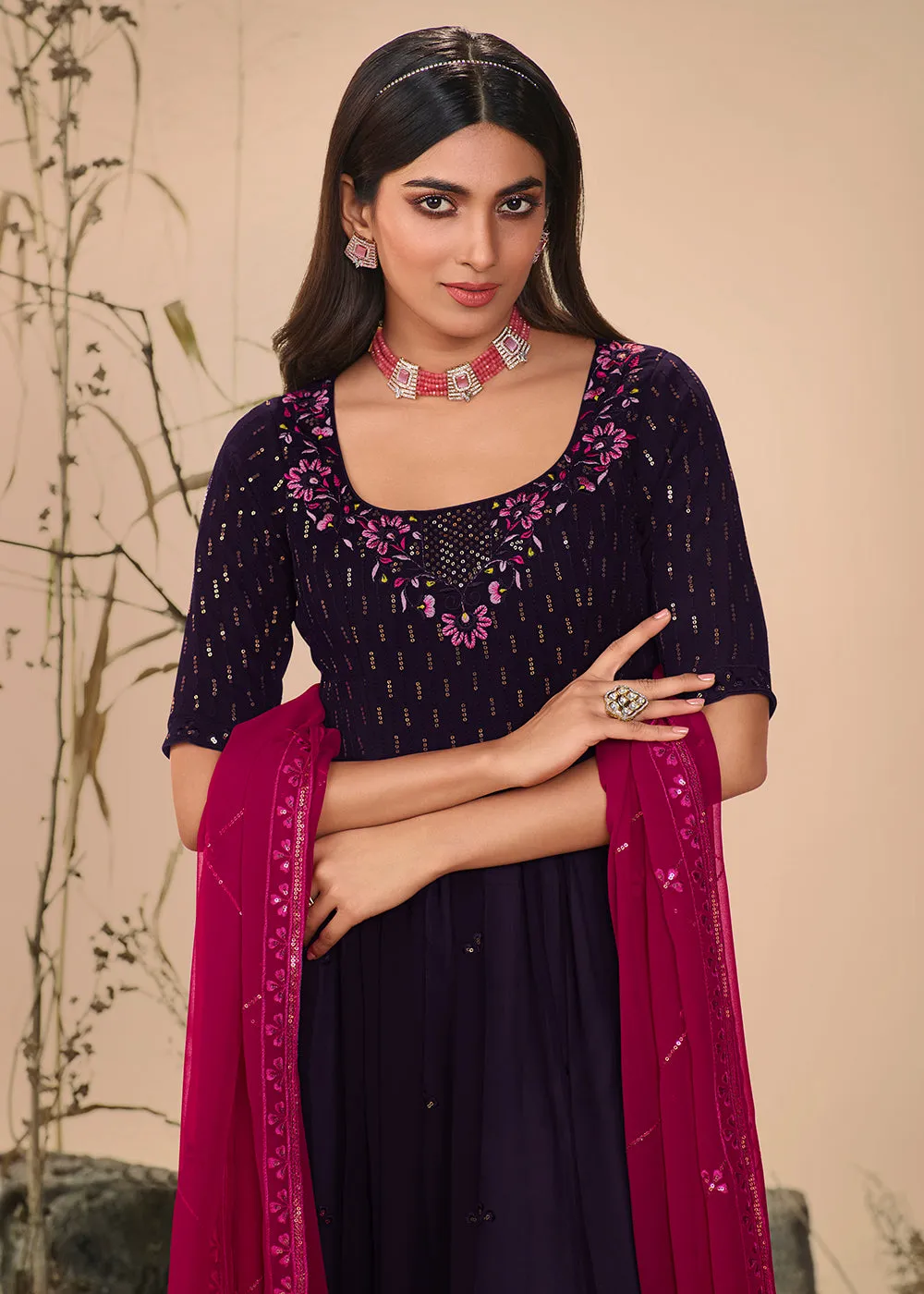 Plushy Festive Purple Georgette Palazzo Salwar Suit