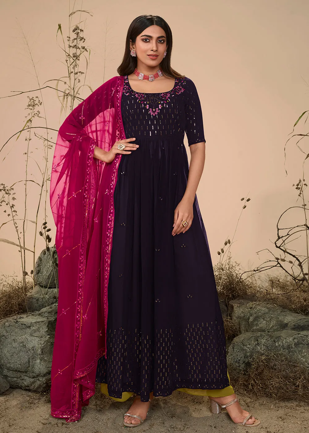 Plushy Festive Purple Georgette Palazzo Salwar Suit