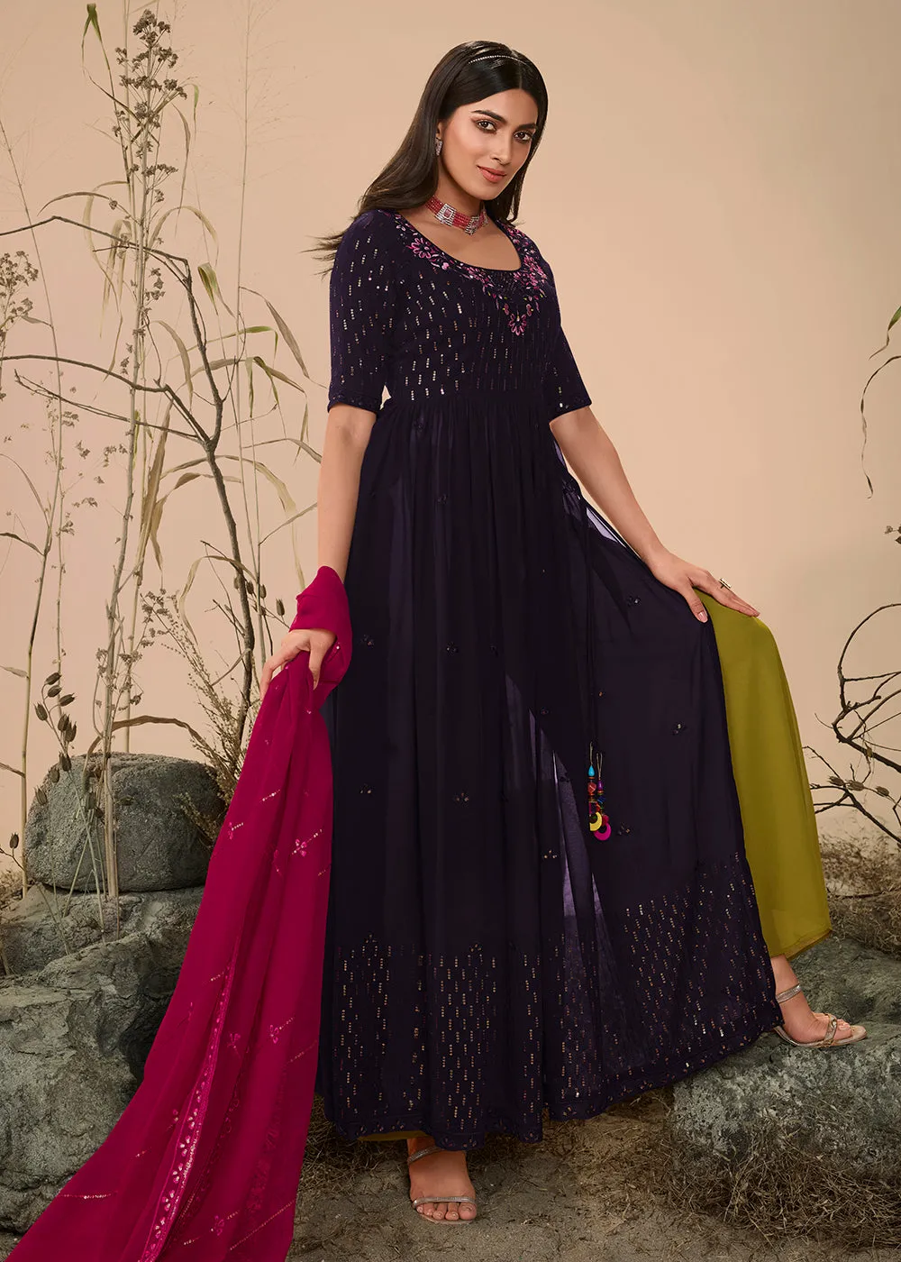 Plushy Festive Purple Georgette Palazzo Salwar Suit