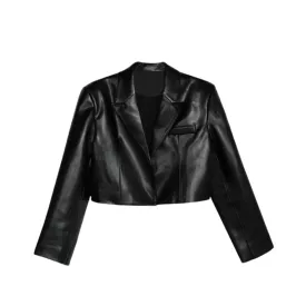 Pre Order: Black High-Waisted Cropped Leather Jacket