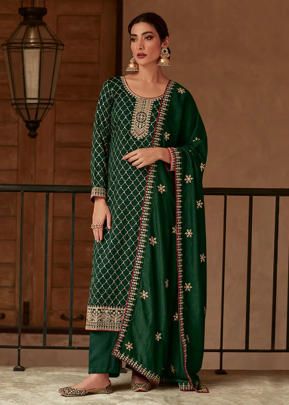 Premium Silk Green & Gold Embroidered Indian Salwar Kameez