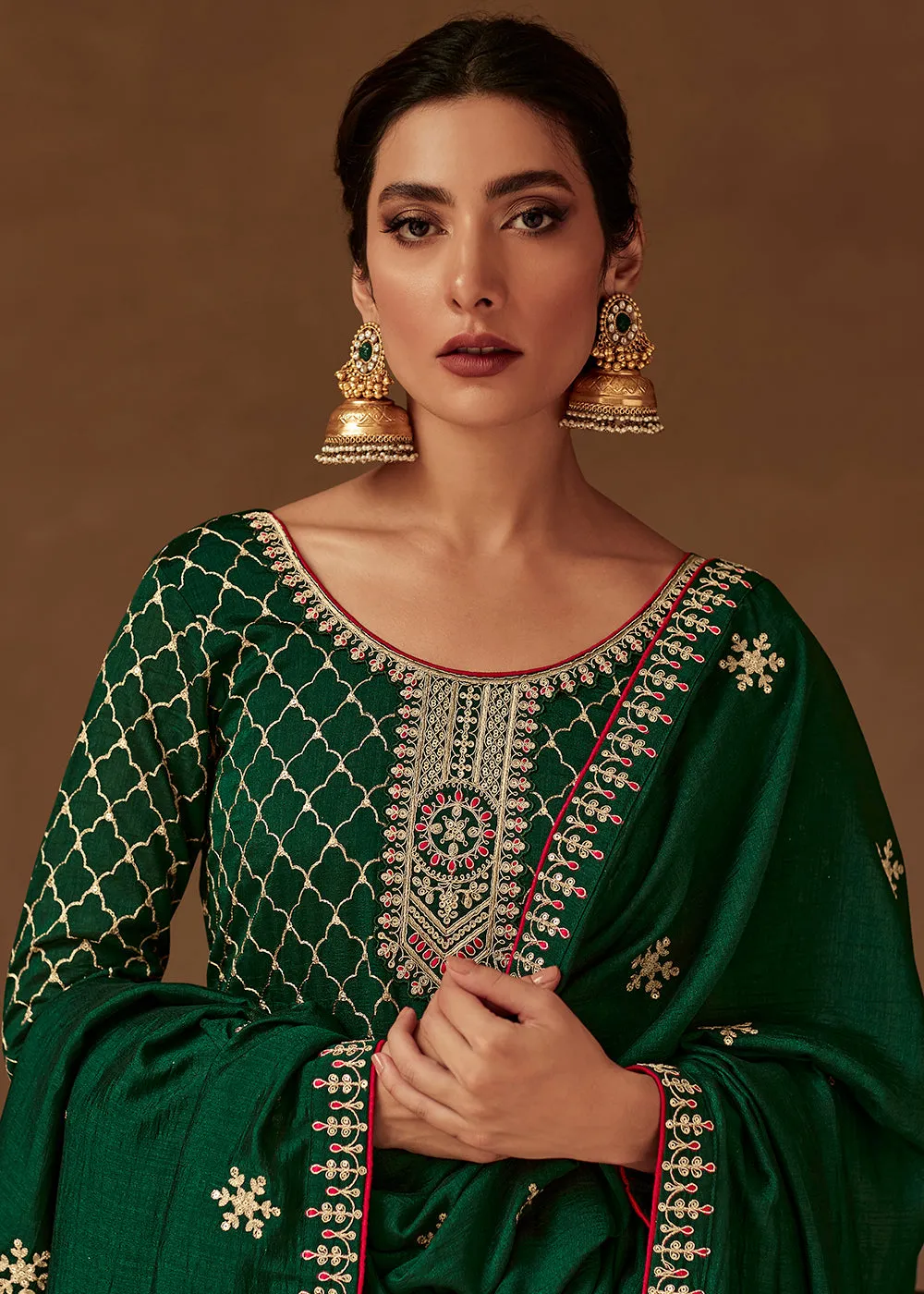 Premium Silk Green & Gold Embroidered Indian Salwar Kameez