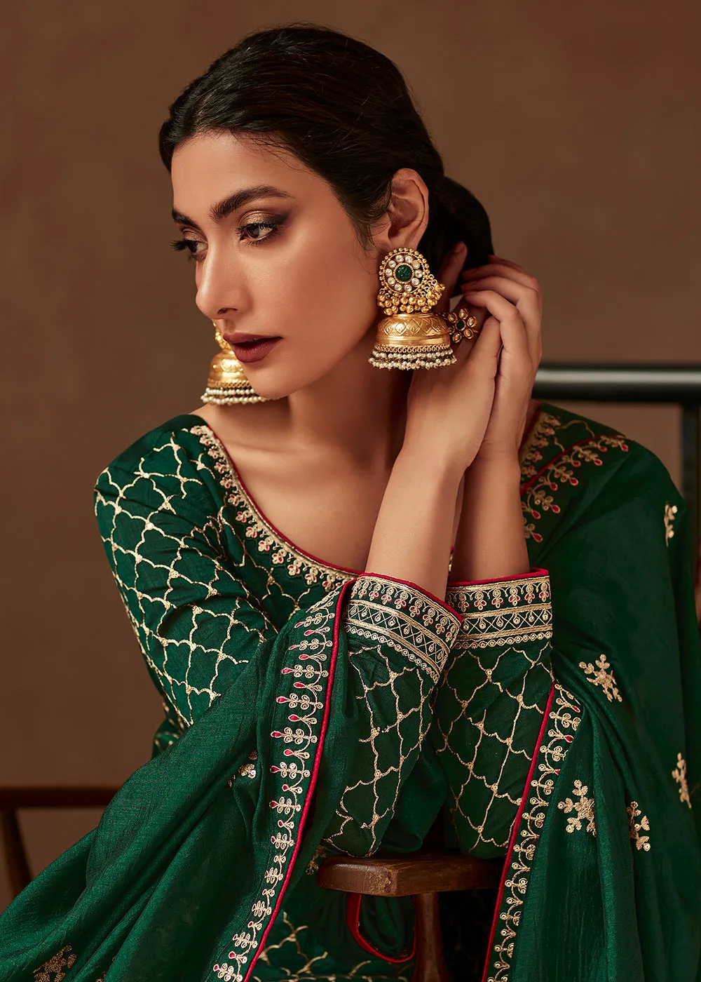 Premium Silk Green & Gold Embroidered Indian Salwar Kameez