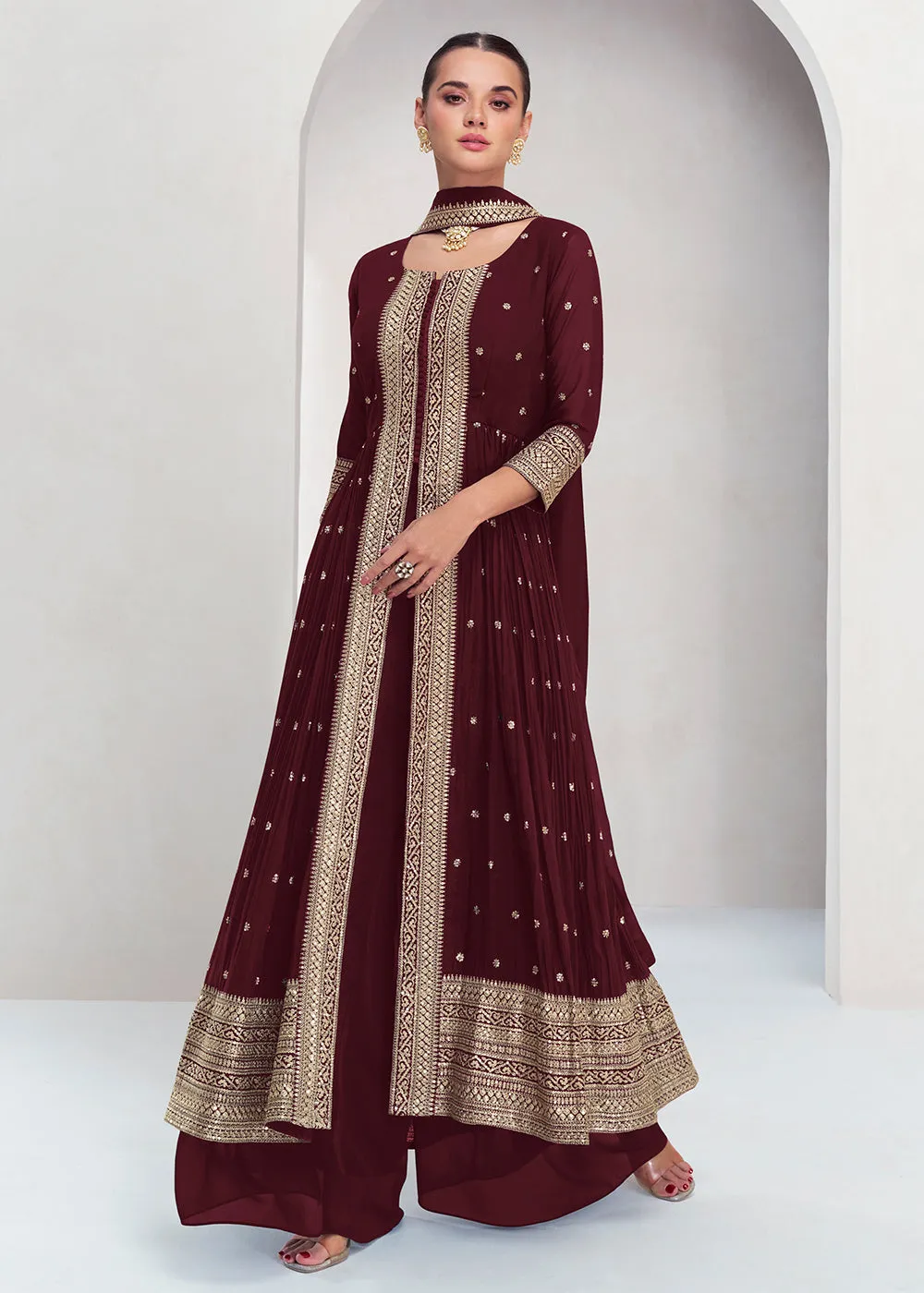 Pretty Maroon Georgette Embroidered Slit Style Palazzo Suit