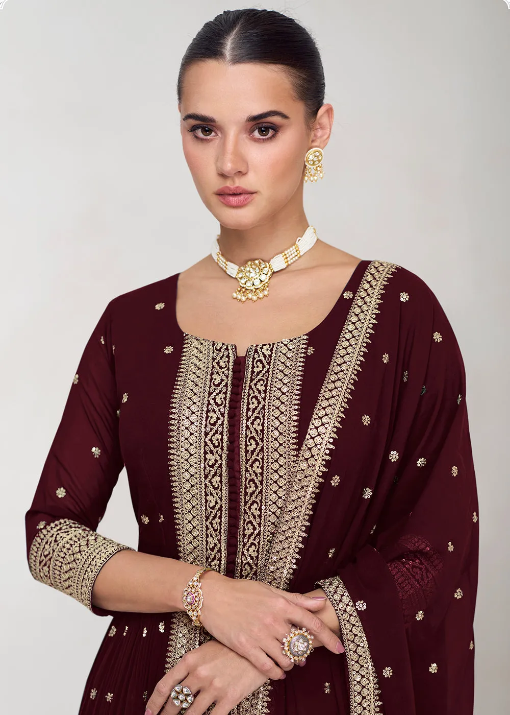 Pretty Maroon Georgette Embroidered Slit Style Palazzo Suit