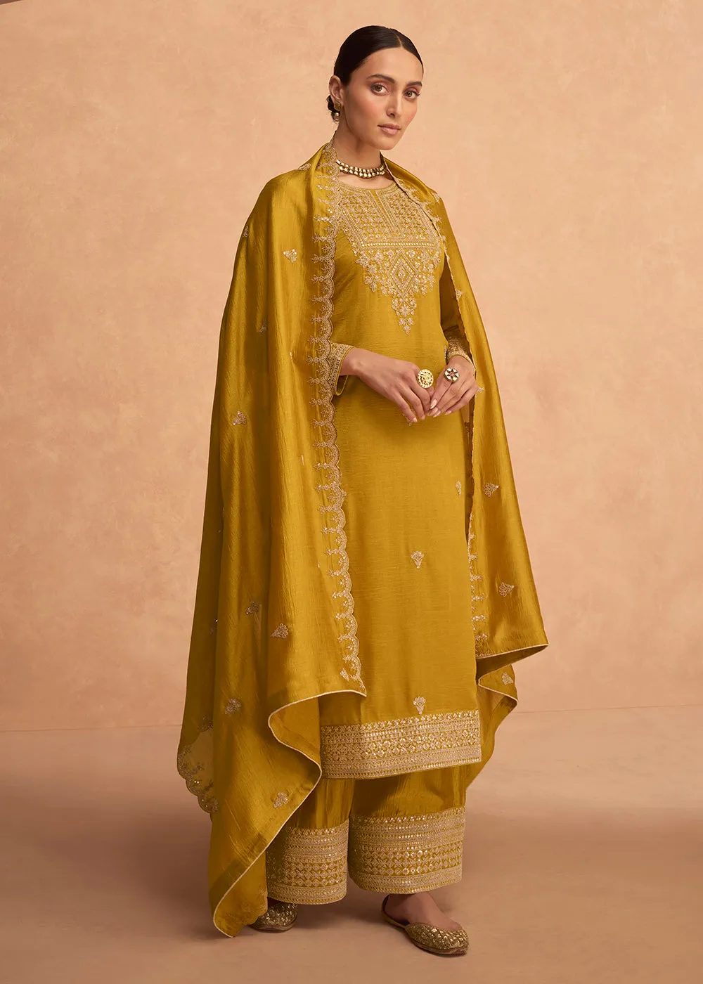 Pretty Yellow Premium Silk Embroidered Indian Palazzo Suit