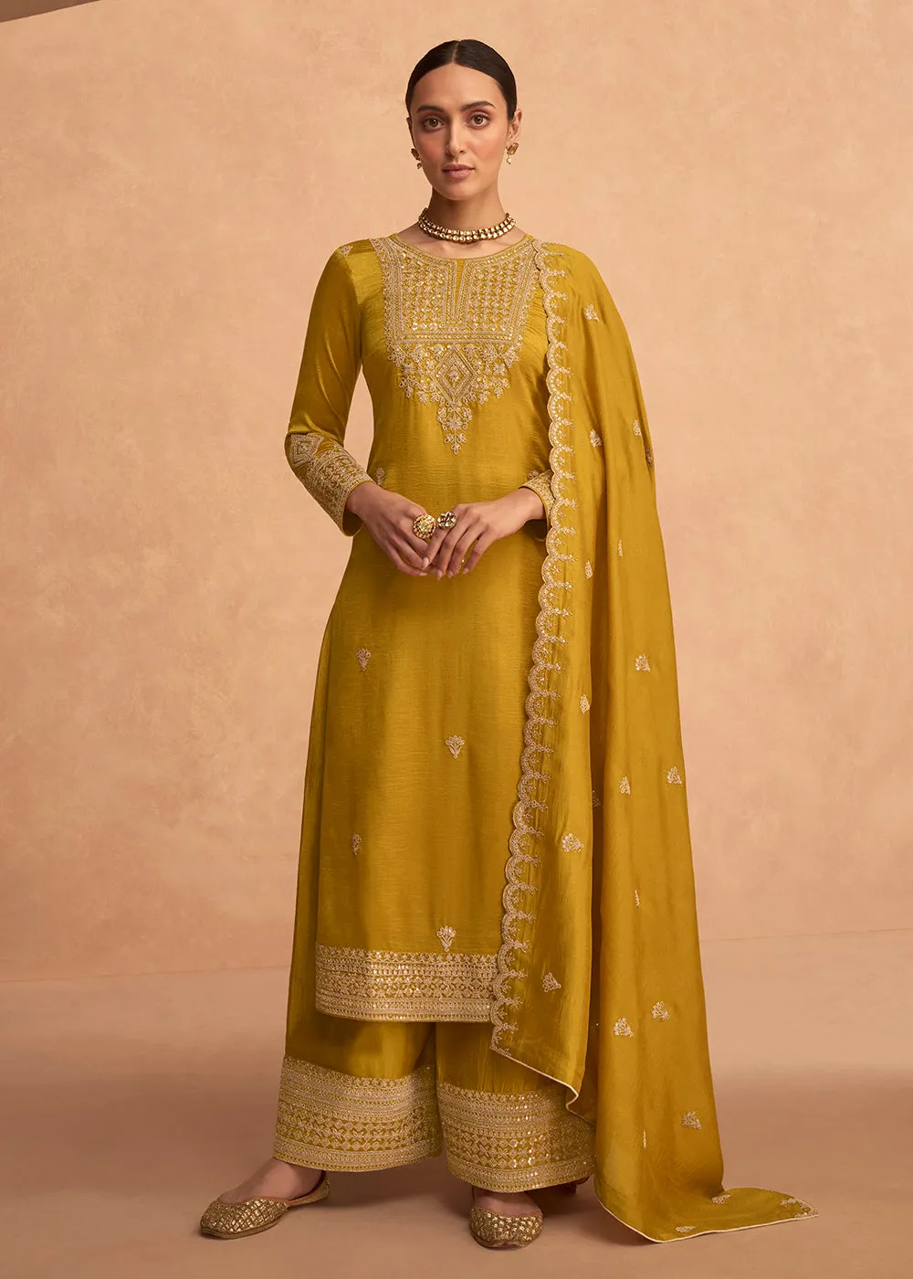 Pretty Yellow Premium Silk Embroidered Indian Palazzo Suit