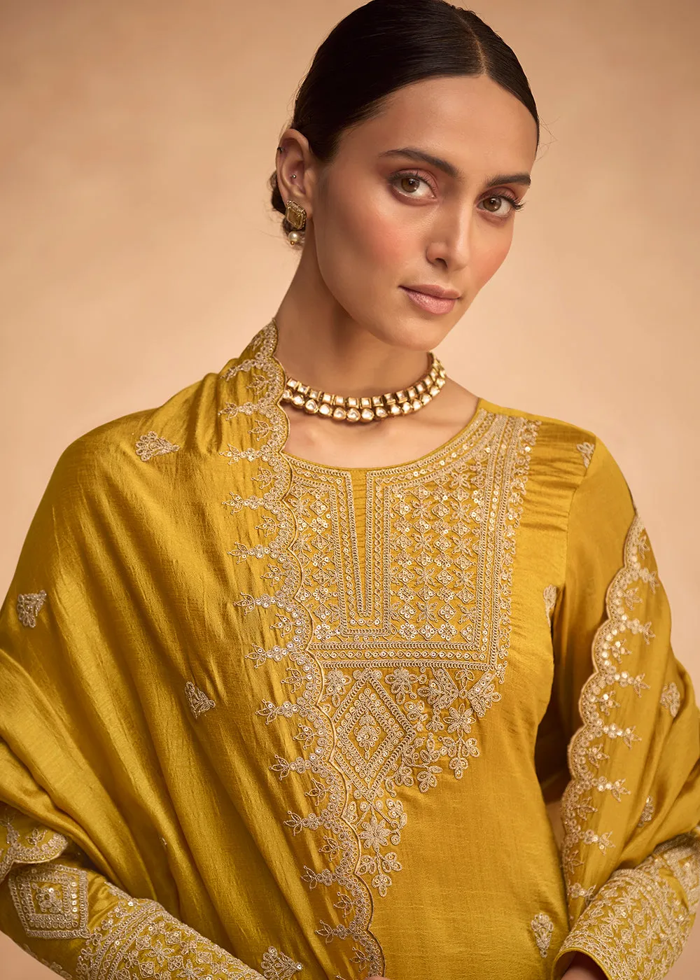 Pretty Yellow Premium Silk Embroidered Indian Palazzo Suit