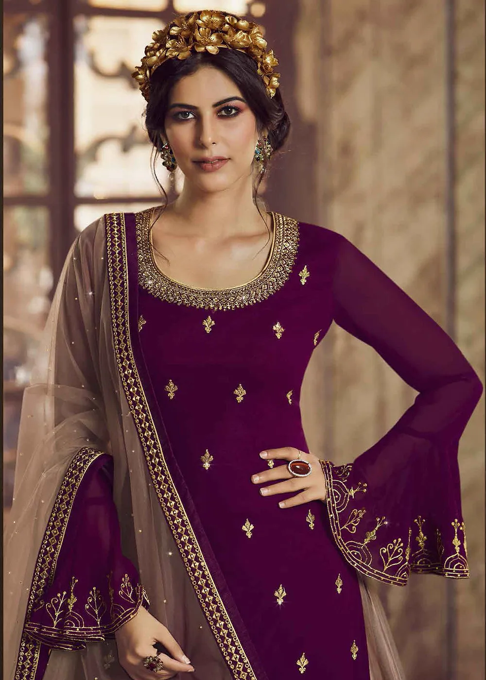 Purple & Beige Lehenga/Pant Style Trendy Suit