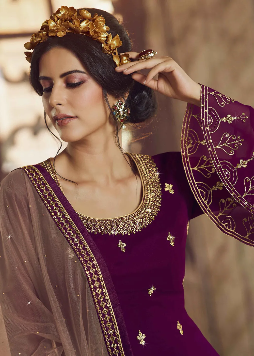 Purple & Beige Lehenga/Pant Style Trendy Suit