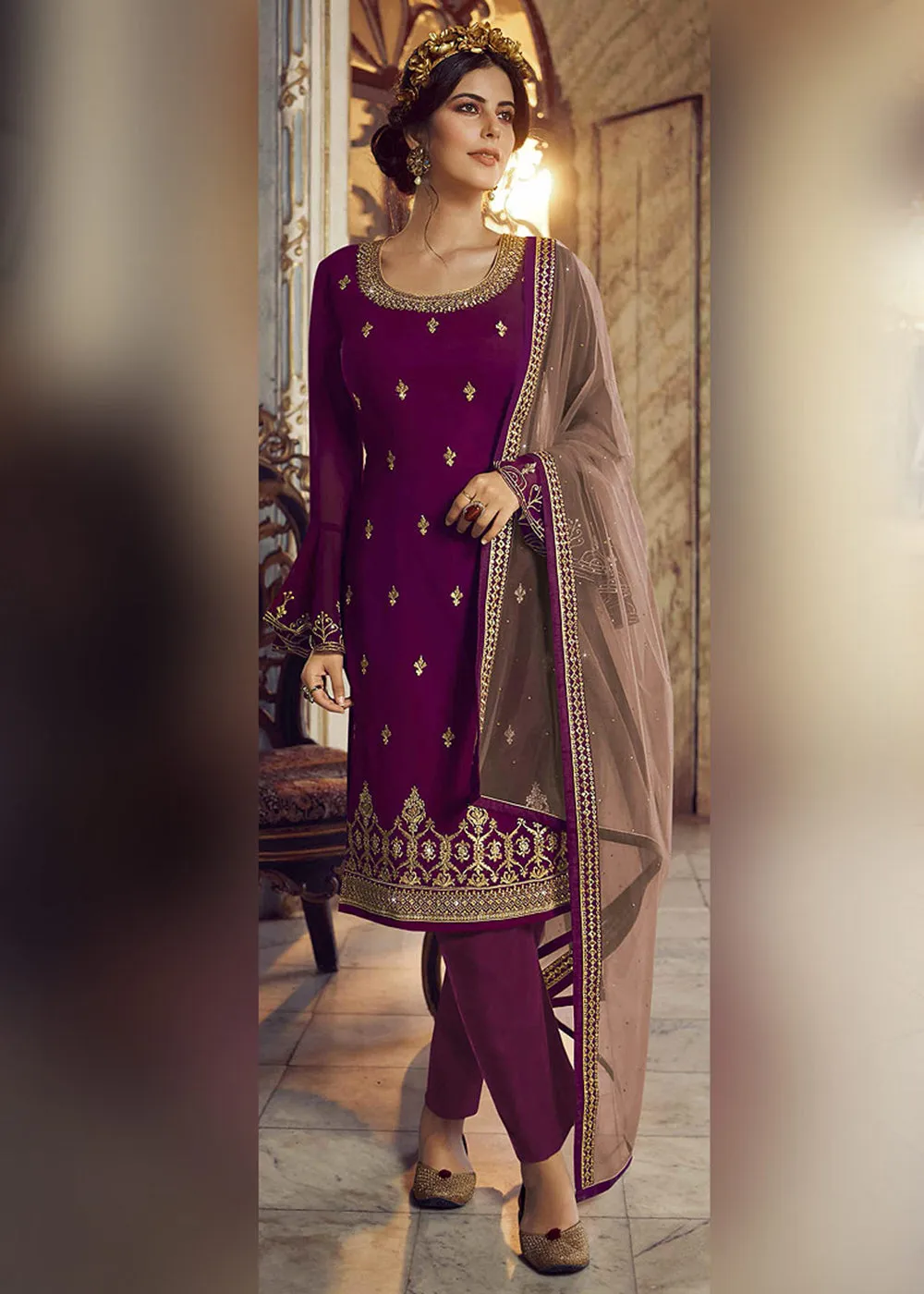 Purple & Beige Lehenga/Pant Style Trendy Suit