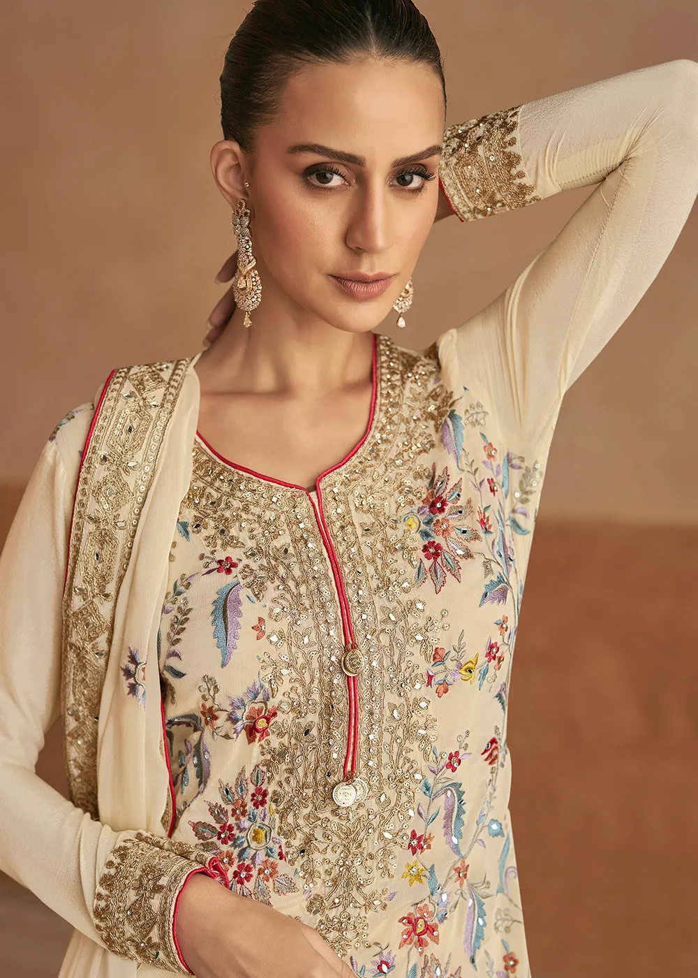 Real Chinnon Silk Cream Embellished Festive Palazzo Suit