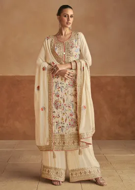 Real Chinnon Silk Cream Embellished Festive Palazzo Suit