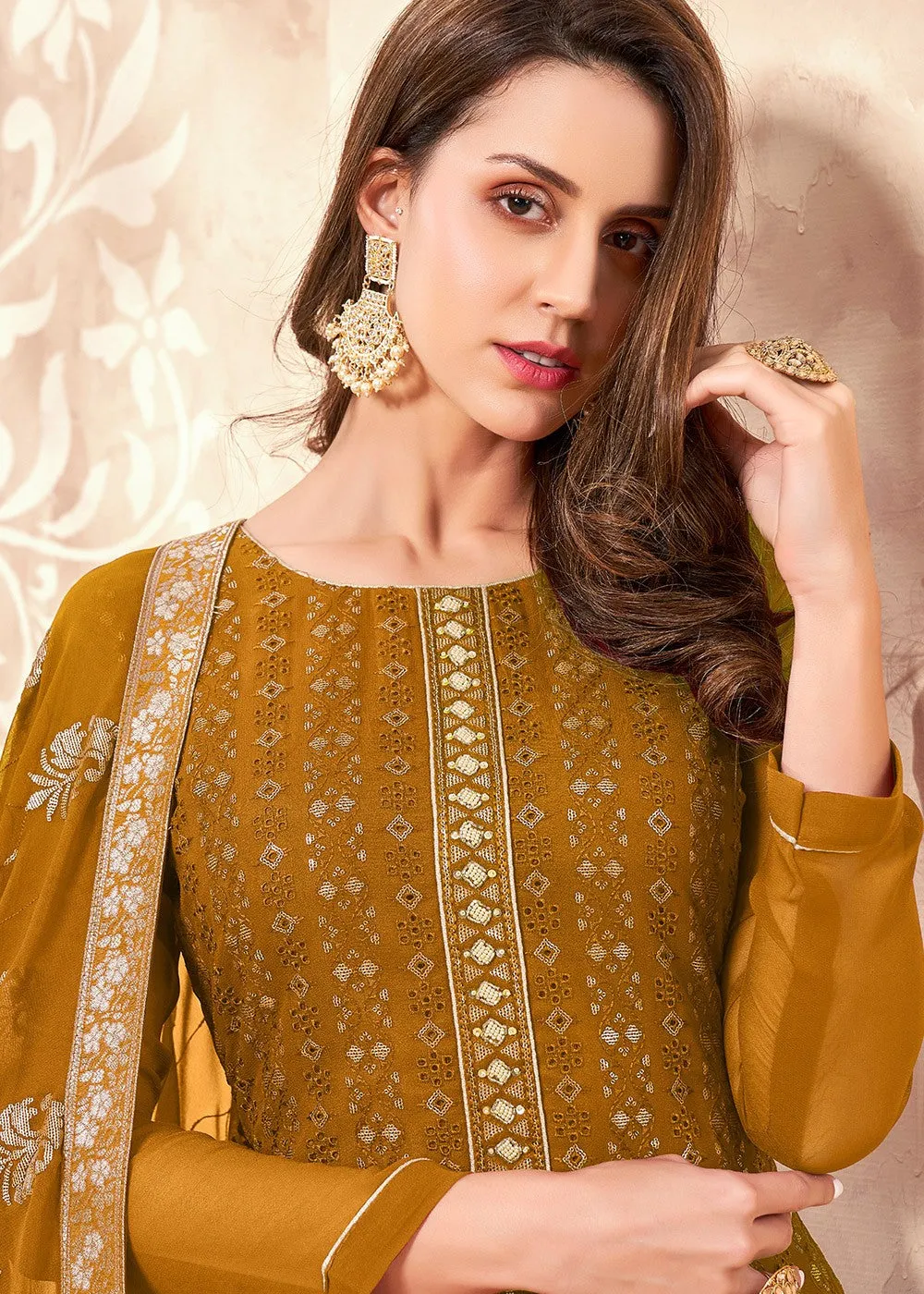 Sequins Embroidered Yellow Pakistani Style Suit