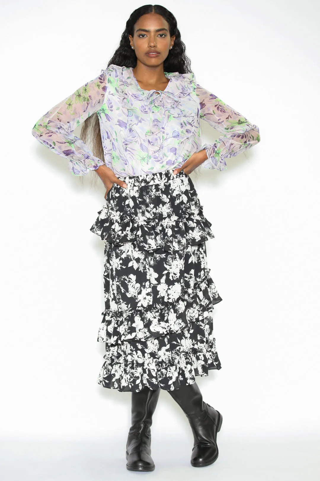 Silk Print Black White Ruffle Layer Skirt