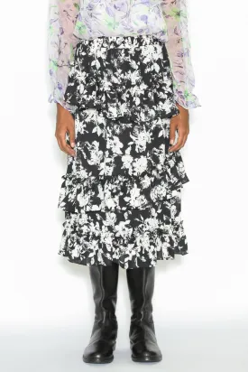 Silk Print Black White Ruffle Layer Skirt