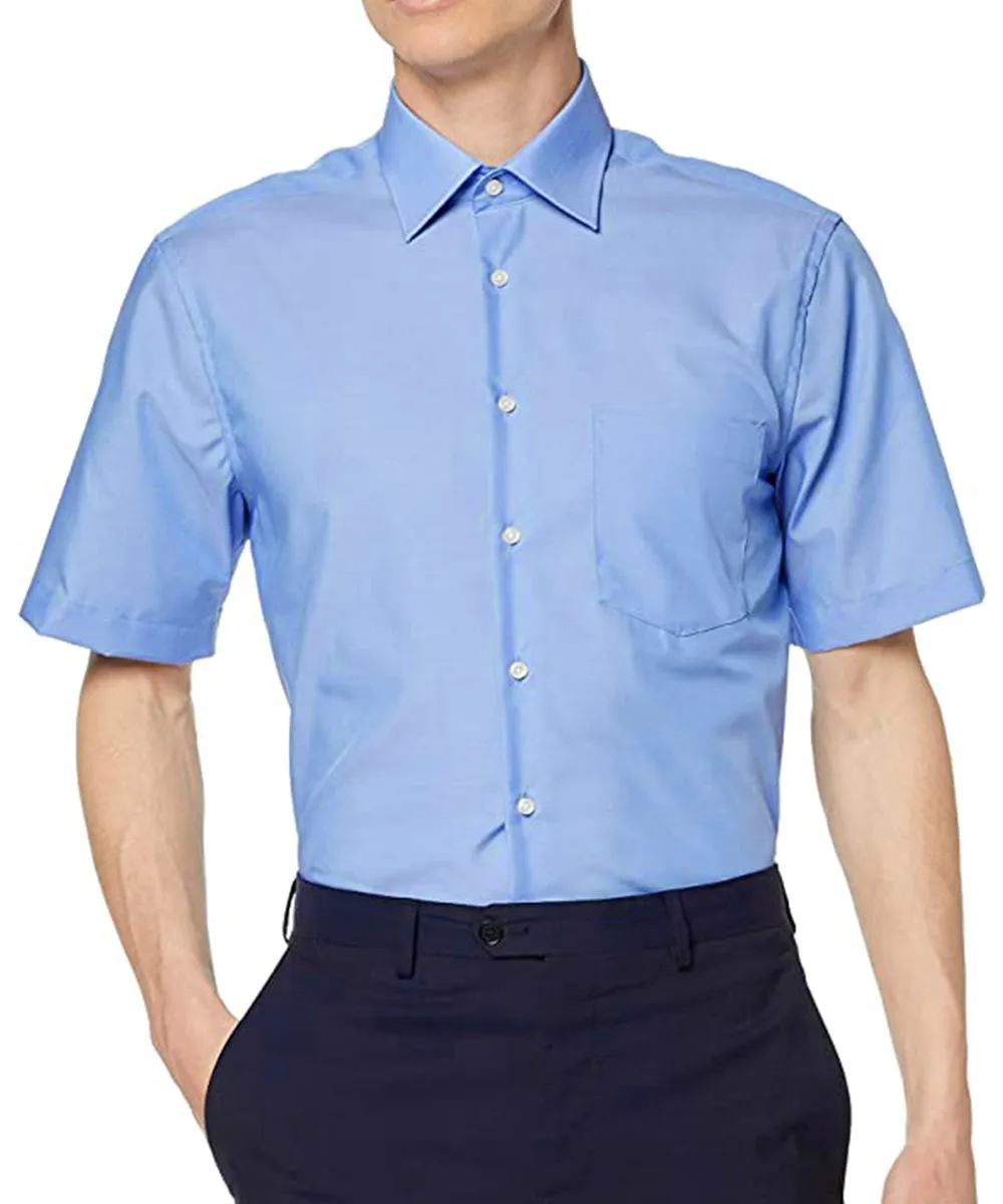 Solid Blue Poplin Short Sleeve Dress Shirt