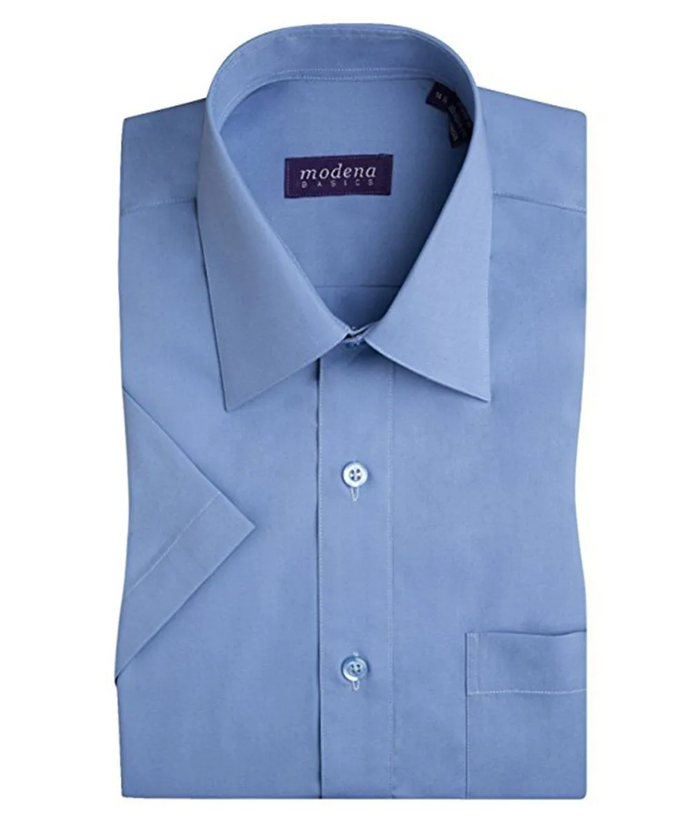 Solid Blue Poplin Short Sleeve Dress Shirt