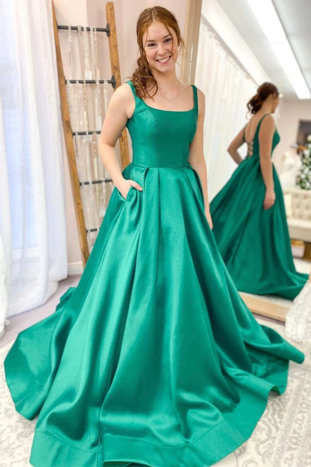 solvbao Green Satin Long Prom Dresses, A-Line Backless Graduation Dresses