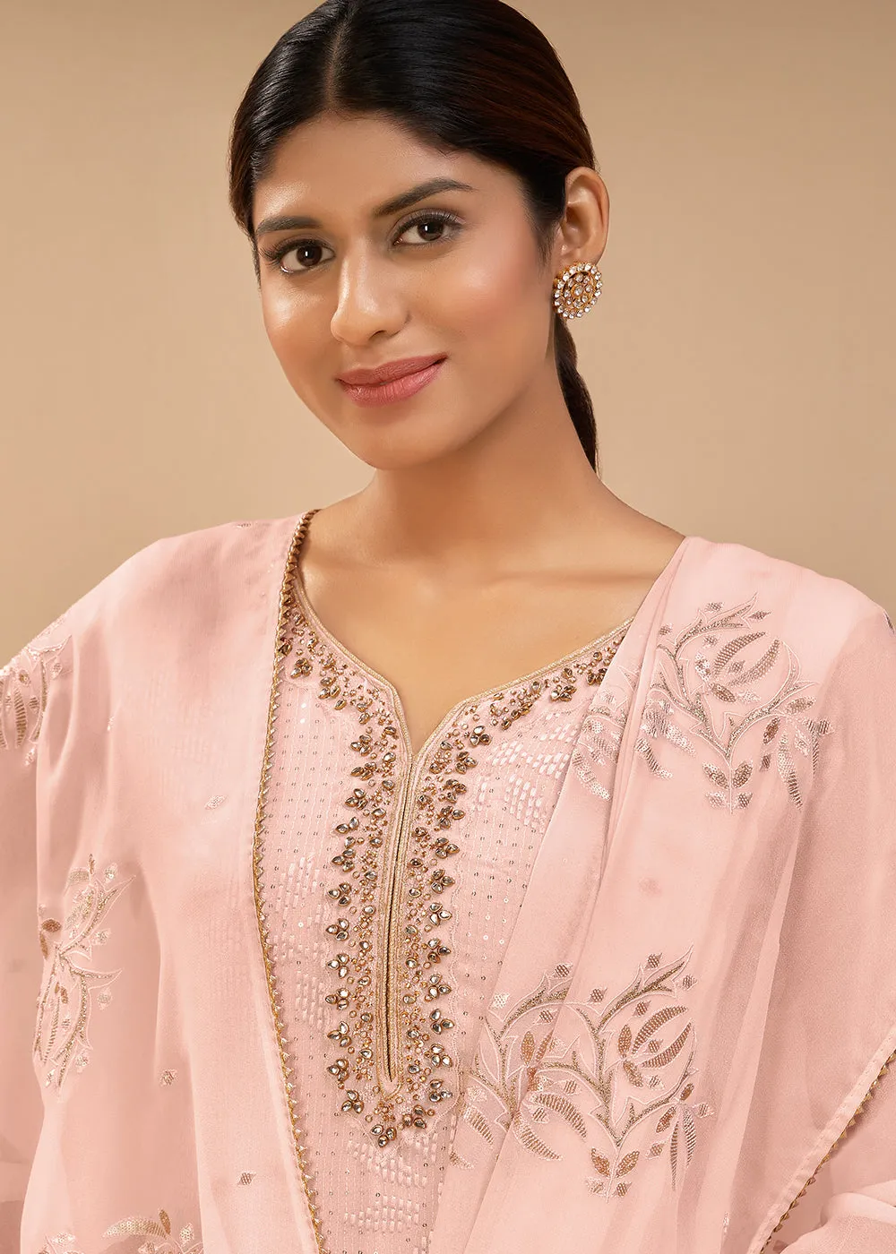 Stunning Peach Sequins & Khatli Work Festive Palazzo Suit