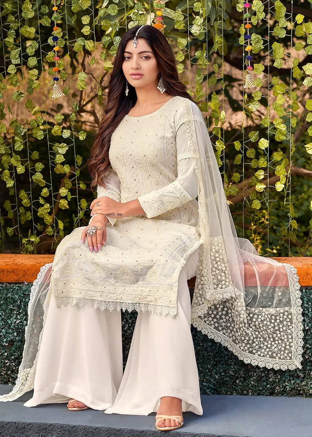 Stunning White Georgette Embroidered Wedding Festive Salwar Suit